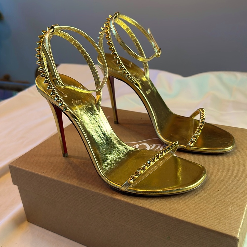 Louboutin gold strap heels with studs ❤️